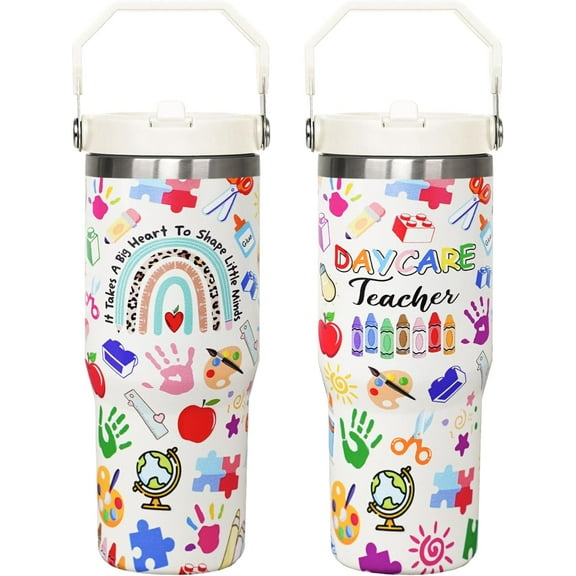 Daycare Teacher Gifts 30 Oz Insulated Tumbler Cup - Stainless Steel Travel Mug with Straw & Handle for Teachers, Women & Men