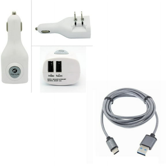 Type-C 10ft USB Cable w 2-Port USB Car Home Charger N5J for Acer Liquid Jade Primo - Alcatel PulseMix, 7, Idol 5S 5 4S - ASUS Zenfone V Live, ROG Phone, AR 6 5z 4 Pro - Blackberry Key2, Motion