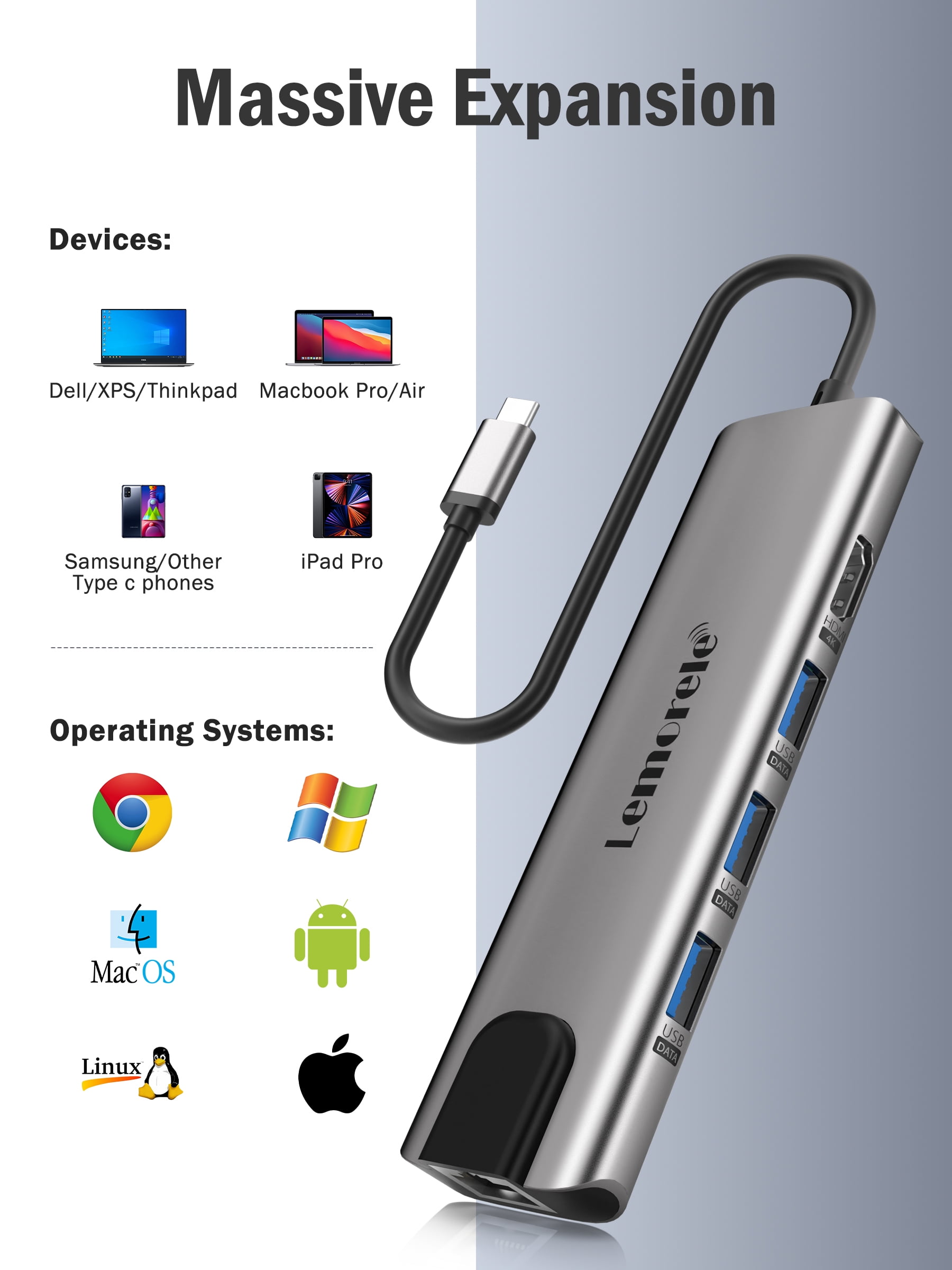 Lemorele 9 in 1 Laptops Docking Station with Gigabit Ethernet, 100W PD Charging, 4K HDMI, 5Gbps USB C/A Data Port,SD/TF Card Reader,Multiport Adapter USB C Hub for MacBook, Windows