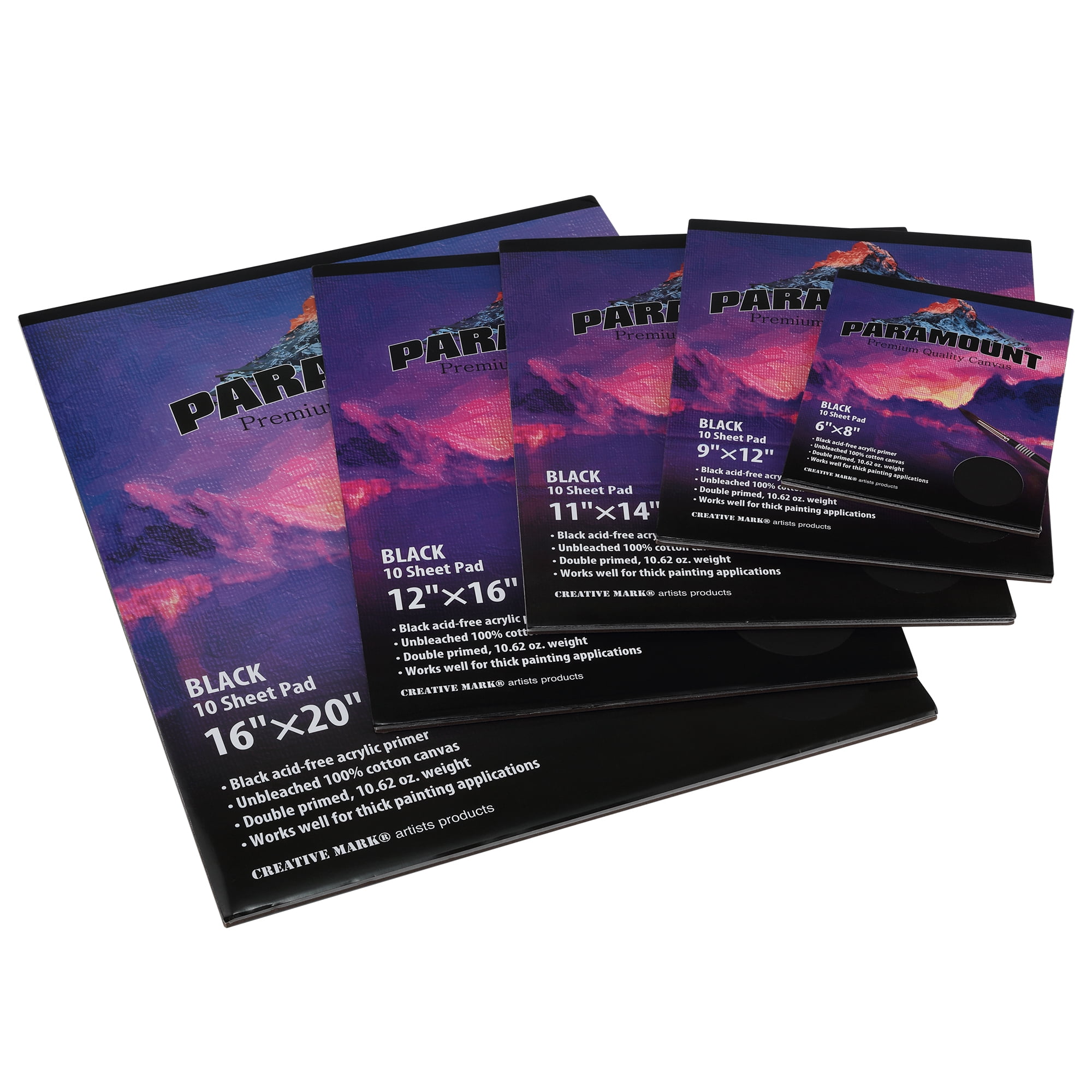 Paramount Universal Primed Premium Cotton White Canvas Pads - Black - 11x14" - 2 Pack - 20 Total Sheets - Universal Double Primed Cotton Canvas Pads for Drawing, Painting, Travel, & More