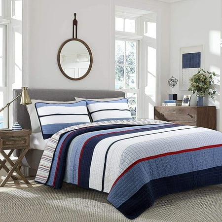 Cozy Line Navy Blue Red Striped Boy 100% Cotton 2 Piece Reversible Quilt Set Twin
