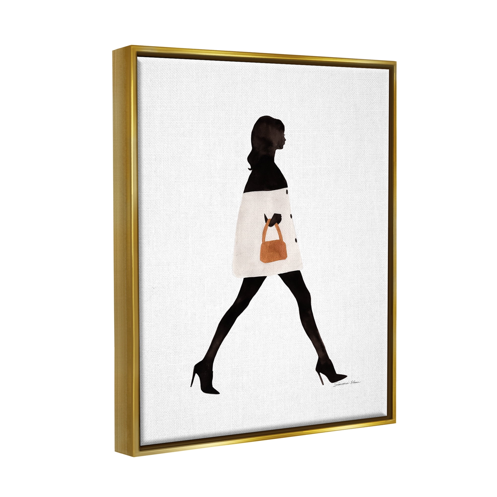 Stupell Industries Fashionable Girl Walking Beauty & Fashion Painting Gold Floater Framed Art Print Wall Art, 17 x 21