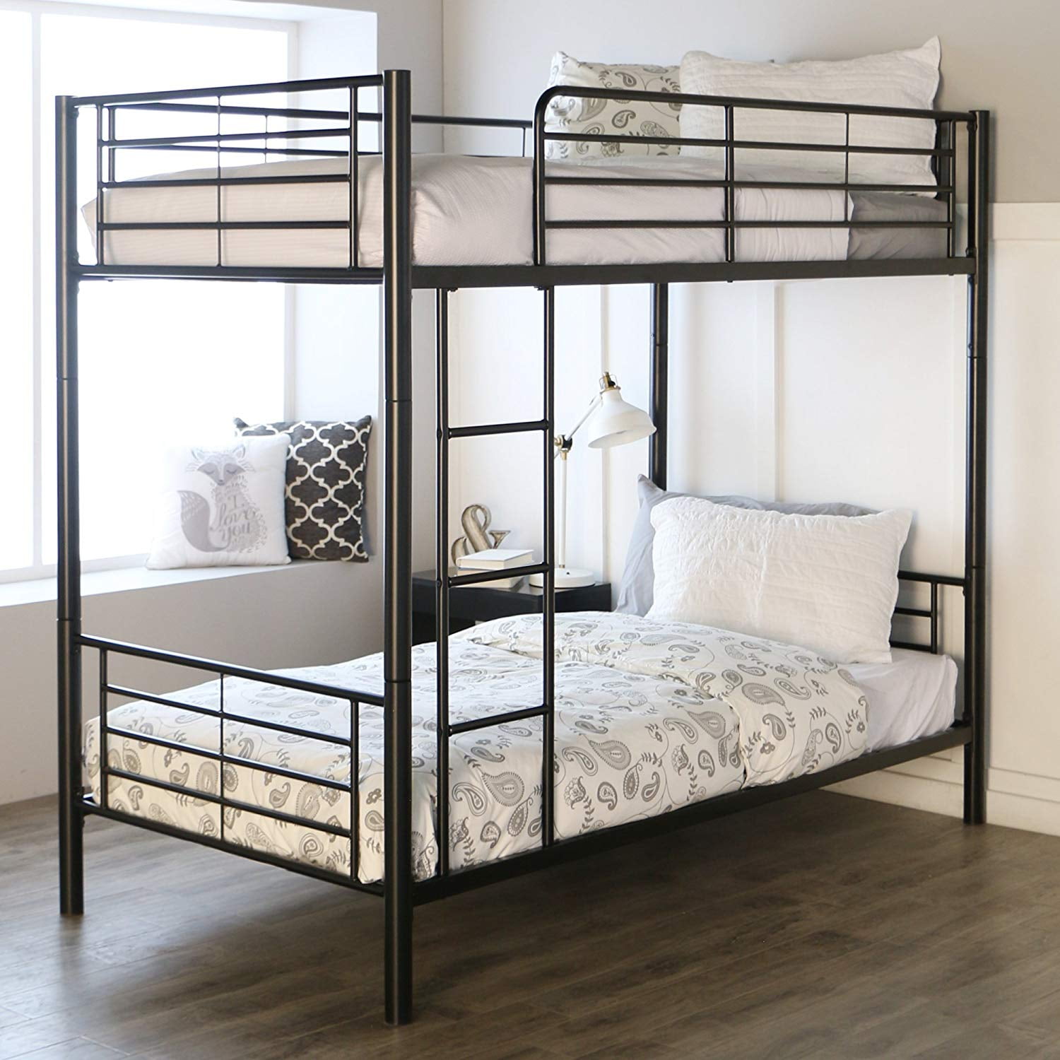 Metal Twin over Bunk Beds Frame Ladder Bedroom Dorm for Children Adult Gray 