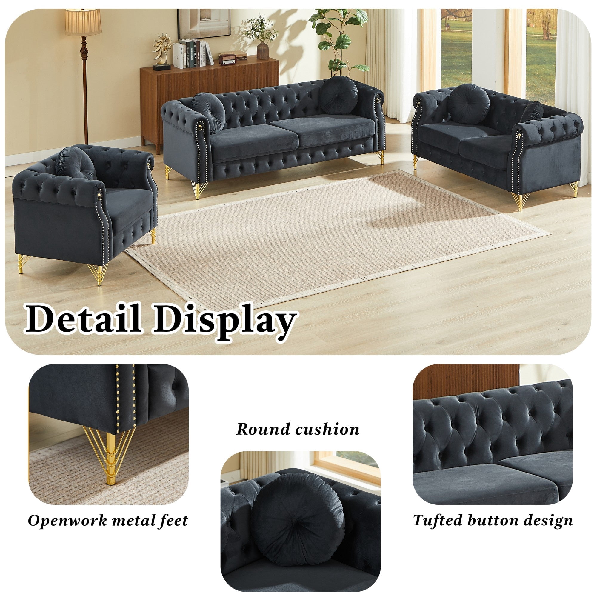 Sailvan 82" Velvet Chesterfield Sofa, Tufted 3-Seater Couch with Gold Metal Legs & Copper Studs, Luxury Living Room Furniture Black