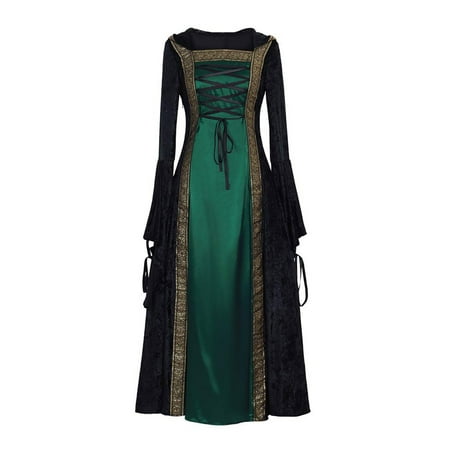 

Women Medieval Hooded Dress Creawneck Gothic Vintage Renaissance Steampunk Cocktail Dress Long Sleeve Empire Waist Tie Pleated Ruffle Halloween Cosplay Long Dress