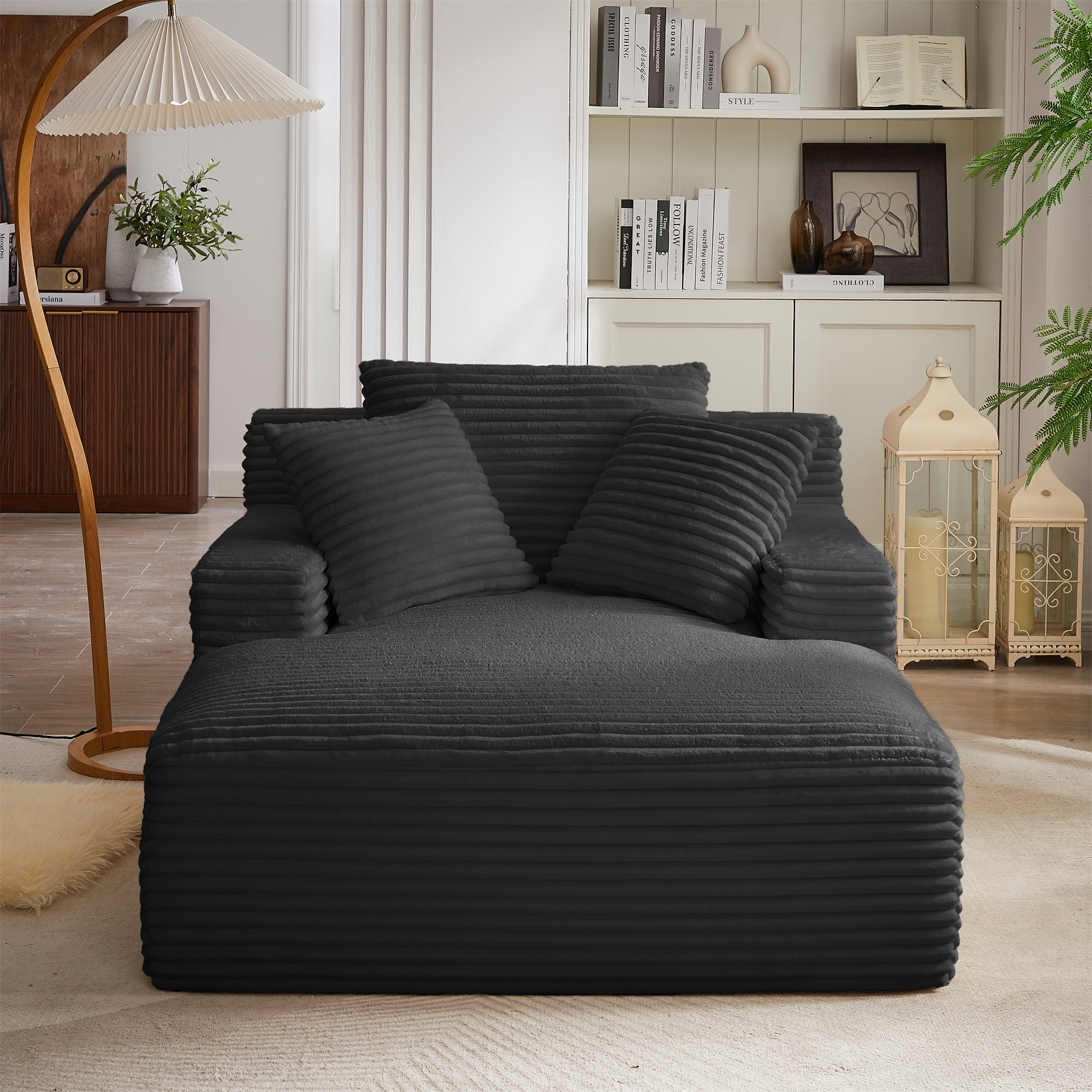 Aukfa 65" Oversized Chaise Lounge Indoor Chair Boneless Sofa Couch for Living Room, 3Pillows, Corduroy, Black