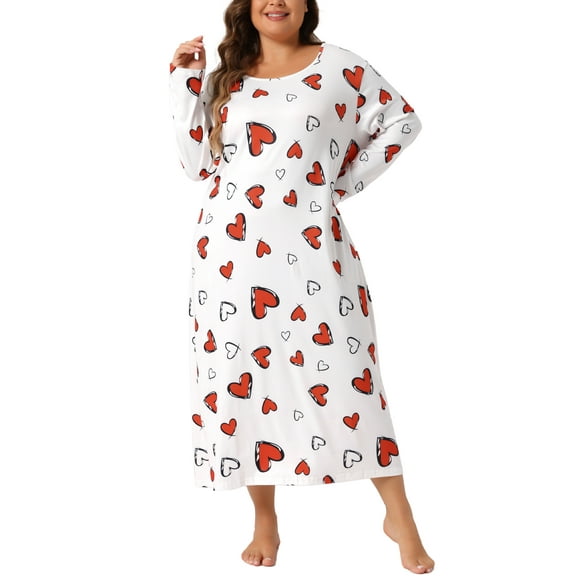 Agnes Orinda Women's Plus Size Valentines Day Pajamas Crew Neck Long Sleeve Sleep Dress Casual Nightgown Sleepwear 1X White