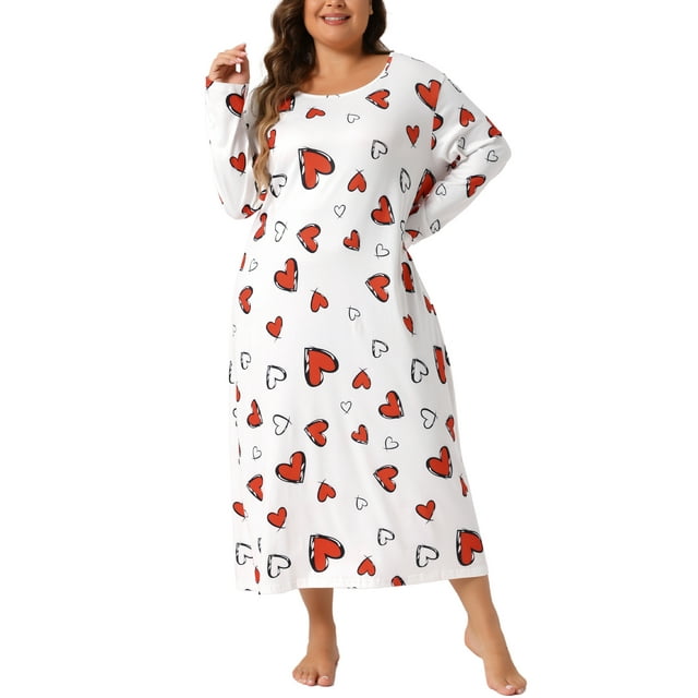 Pijamas de talla grande para mujer Agnes Orinda, vestido de dormir de manga larga con cuello redondo, bata de noche casual para el Día de San Valentín 1X Blanco