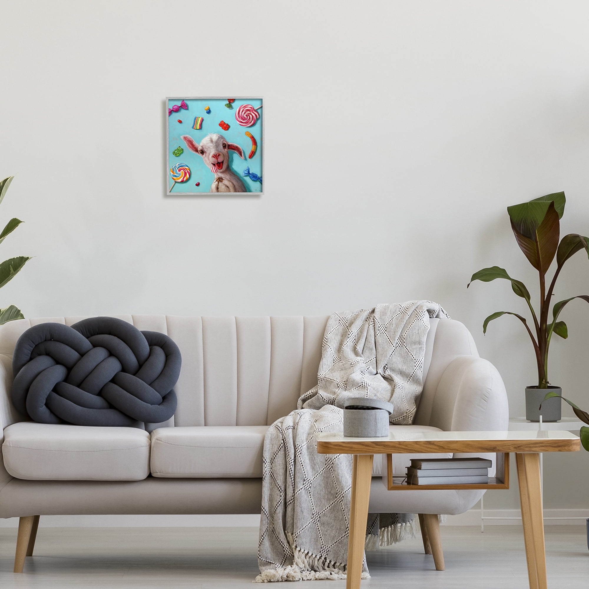 Stupell Industries Happy Sheep with Candy Animals & Insects Painting Gray Framed Art Print Wall Art, 12 x 12