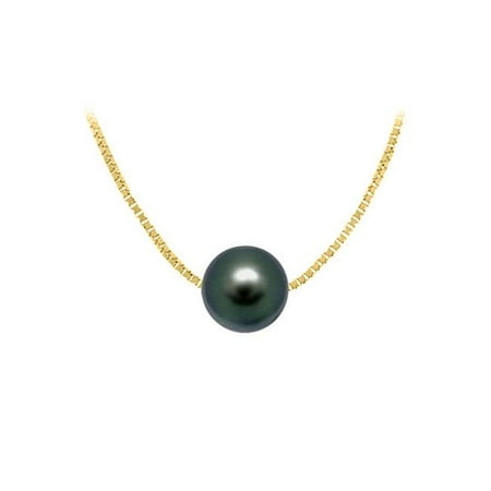 Black Vermeil Pendant - Fine Jewelry Vault UBPDAGVYAKBL09 Cultured Black Akoya Pearl Pendant in Silver Yellow Vermeil Chain - 9 mm.