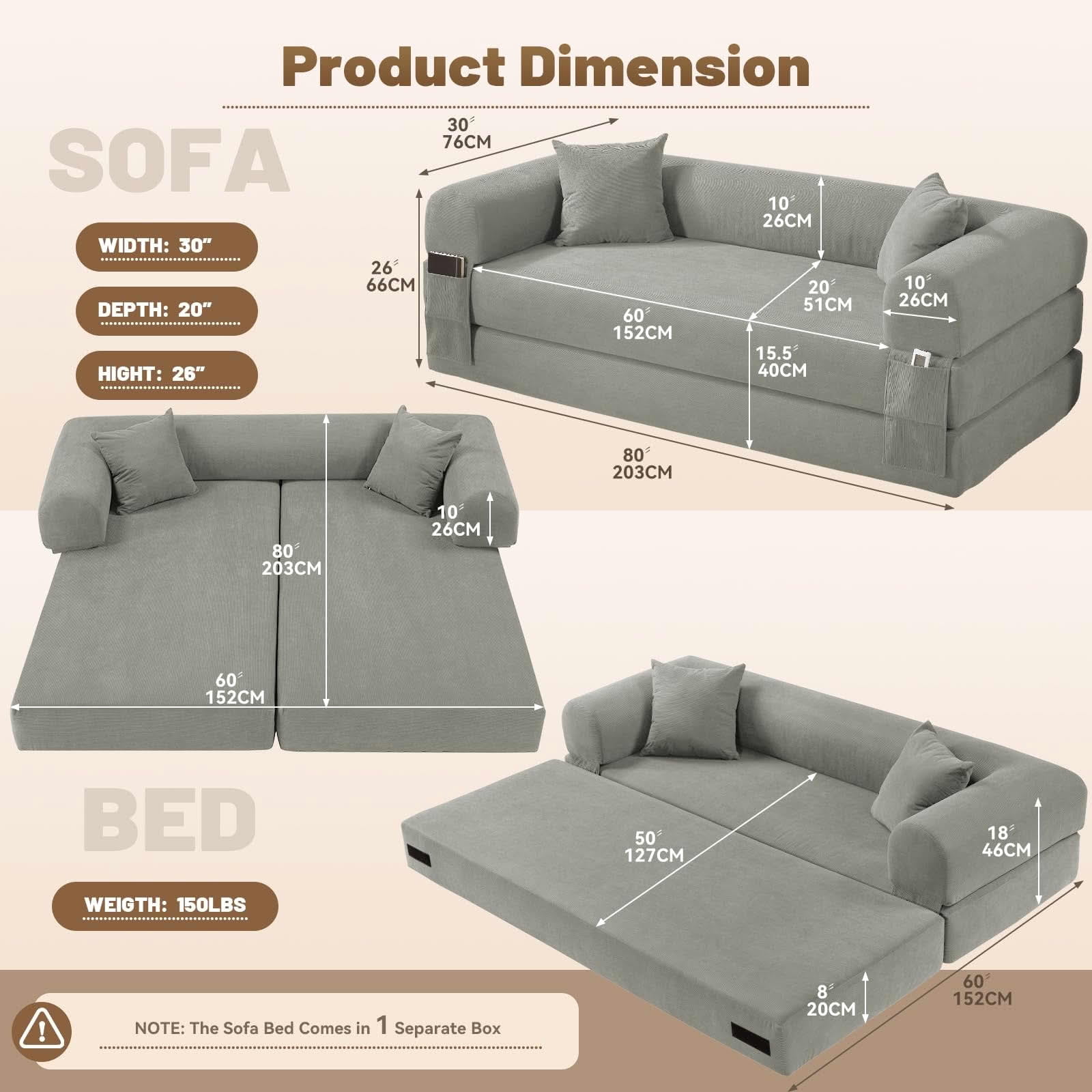 MAYEERTY 80" Light Gray Corduroy Convertible Sofa Bed, 600lbs Queen Size Fold Out Sleeper Couch with Storage & No Assembly for Living Room