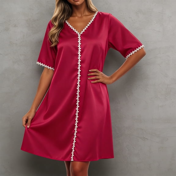Women's Ice Silk V Neck Nightgown Short Sleeve Cooling Sleep Dress Lightweight Breathable Summer Lounge Nightshirt Elegant Soft Casual Homewear Sleepwear for Women
