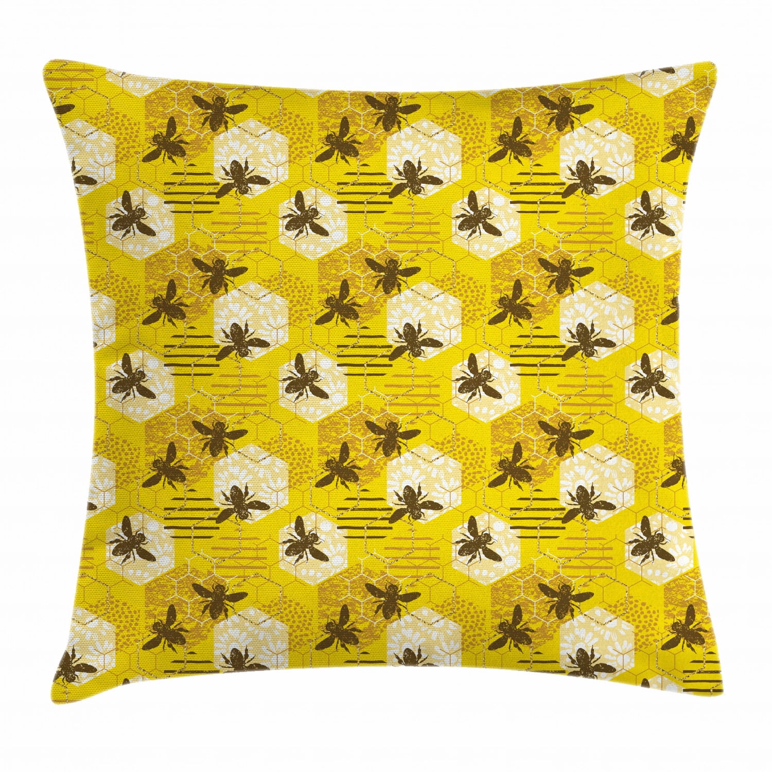 Bee Throw Pillow Cushion Cover, Patchwork Background of Floral Elements