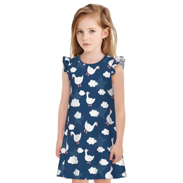 Fotbe Cute Goose On Blue Sky Vestido de Dormir para Niñas de 3 a 10 Años, Mangas Cortas, Estilo Princesa, Pijama Camisón con Mangas Voladas-X-Large