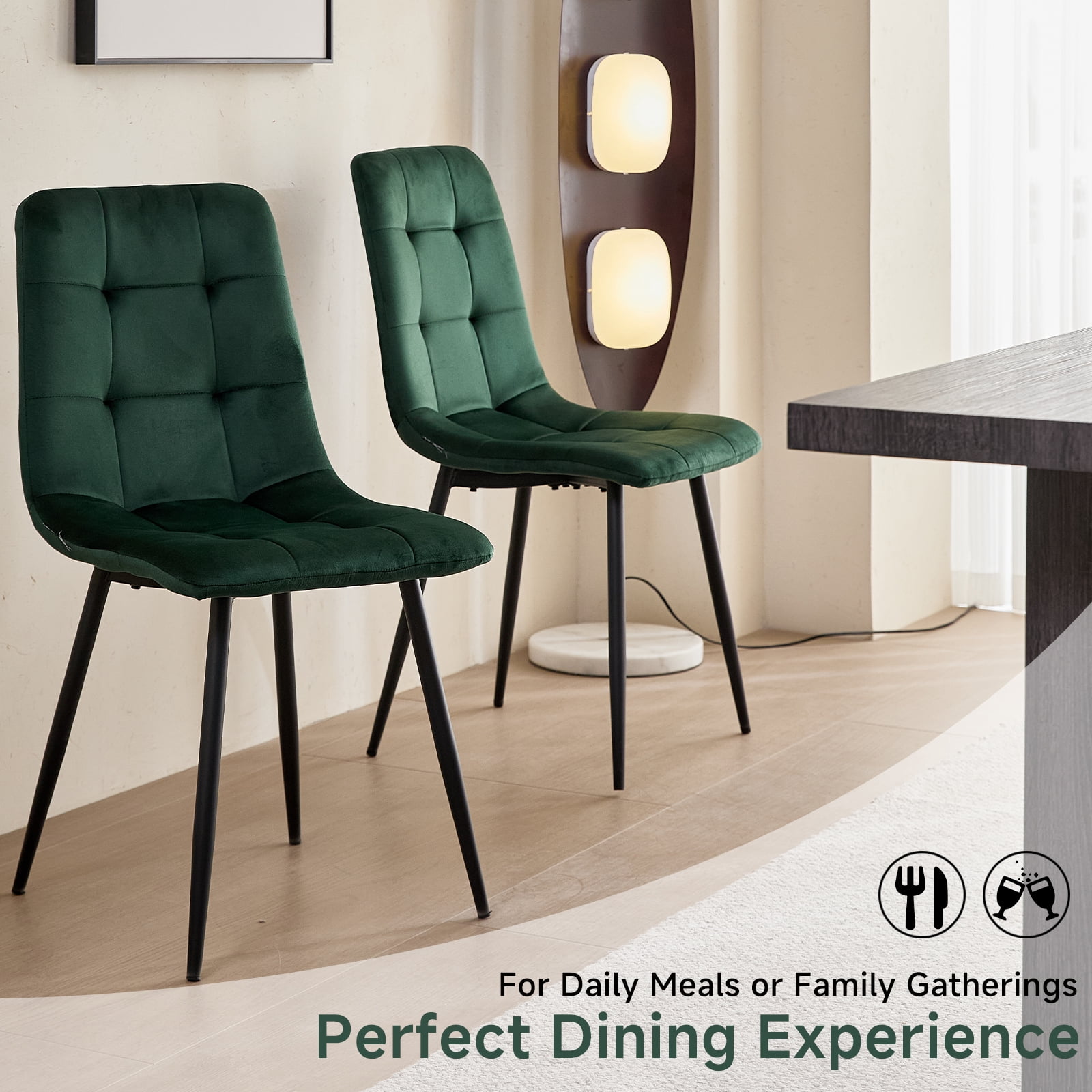 Set of 4 Velvet Dining Chairs - Mid Century Modern Dinning Chair, Upholstered Cushion Seat, Square-Patterned Backrest, Dinner Chairs with Metal Legs for Dining Living Room, Bedroom, Green