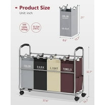 4 Section Laundry Sorter with Removable Bags, Heavy Duty Rolling Wheels, Large Capacity Storage