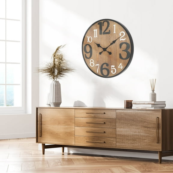 ABBSR 24in. Round Hanging Arabic Numerals Wood Wall Clock,Non-Ticking Clock for Wall Decor
