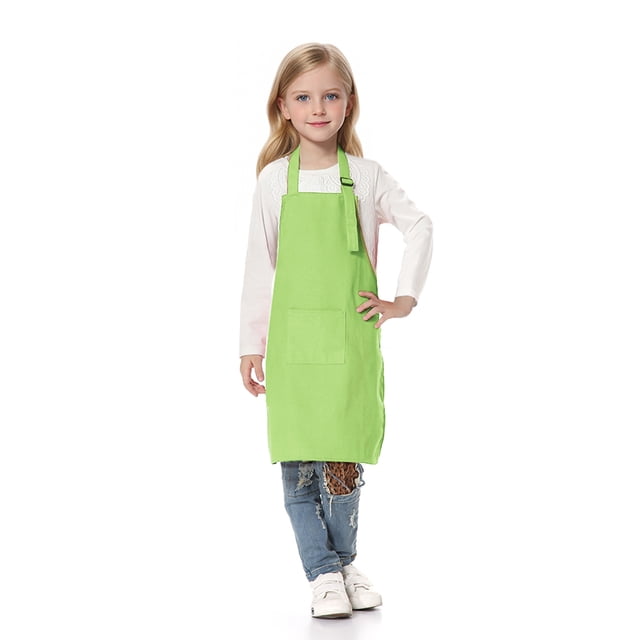 TOPTIE Kids Aprons with Pocket & Adjustable Strap, Child Chef Bib Apron for Kitchen Cooking Baking Painting-Green-M
