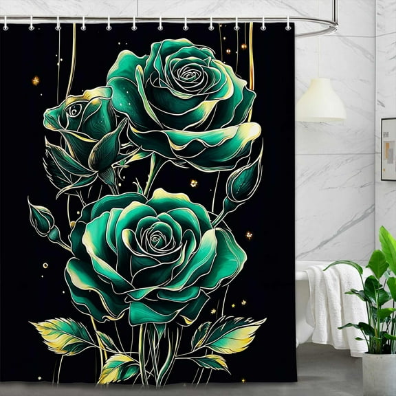 Abstract Floral Shower Curtain,Teal Gold Flowers Leaves Black Bathtub Curtains,Turquoise Aqua Fabric Curtains Modern Art Decor for Bathroom with Hooks,69X70 IN
