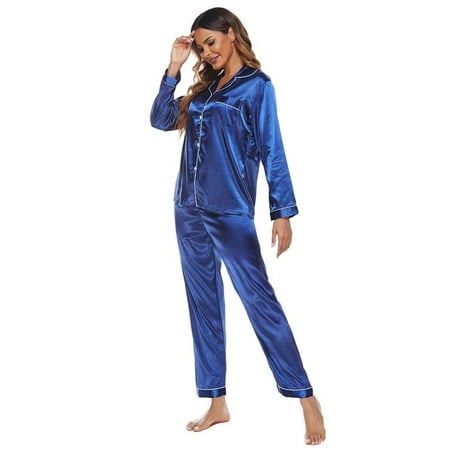 

Promotion!SweetCandy Autumn Spring Womens Silk Satin Pajamas Set Button down Sleepwear Loungewear Ladies Long Sleeve Pajamas Nightgown Solid Color