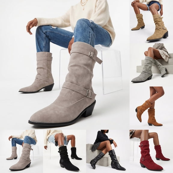 Pandaie Womens Mid Calf Boots Double Buckle Straps Slouchy Pull on Biker Booties Pointed Toe Chunky Low Heel Faux Suede Boots Black 12.5