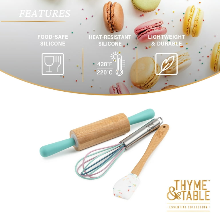 Thyme & Table Mini Kitchen Utensil Set with Whisk, Spatula, Mini Loaf Pan, Cupcake Liners, 11 Pieces, Gold