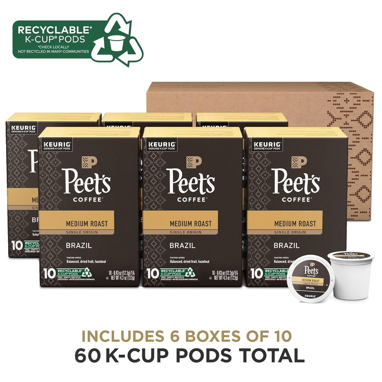 Peet's Coffee, Medium Roast K-Cup Pods for Keurig Brewers - Single Origin Brazil 60 Count (6 Boxes of 10 K-Cup Pods)