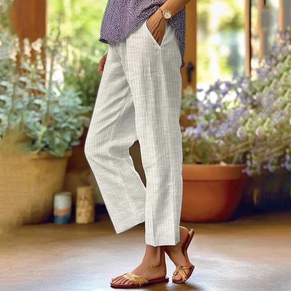 AKEGAMN Retro Striped Design Loose Pocket Patchwork Casual Pants, Beige S-5XL