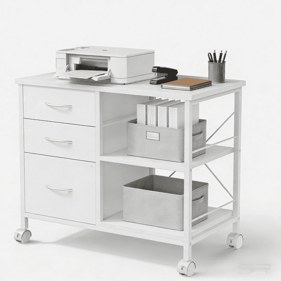 3-Tier Mobile File Cabinet, Rolling Printer Stand with Storage and Back Support Bar, 3 Drawer Lateral File Cabinet Holds 110lbs, for Home Office in Rustic White