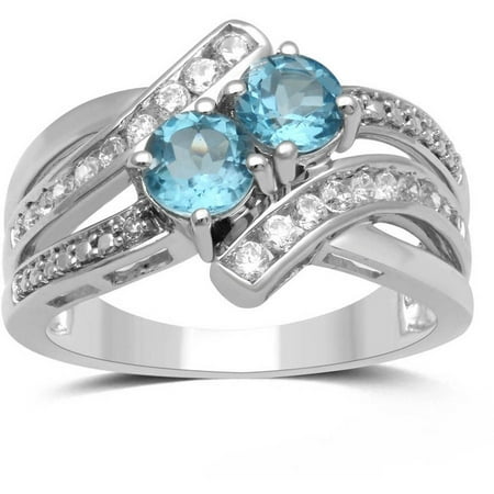 Genuine Swiss Blue Topaz and White CZ Sterling Silver Two-Stone Ring