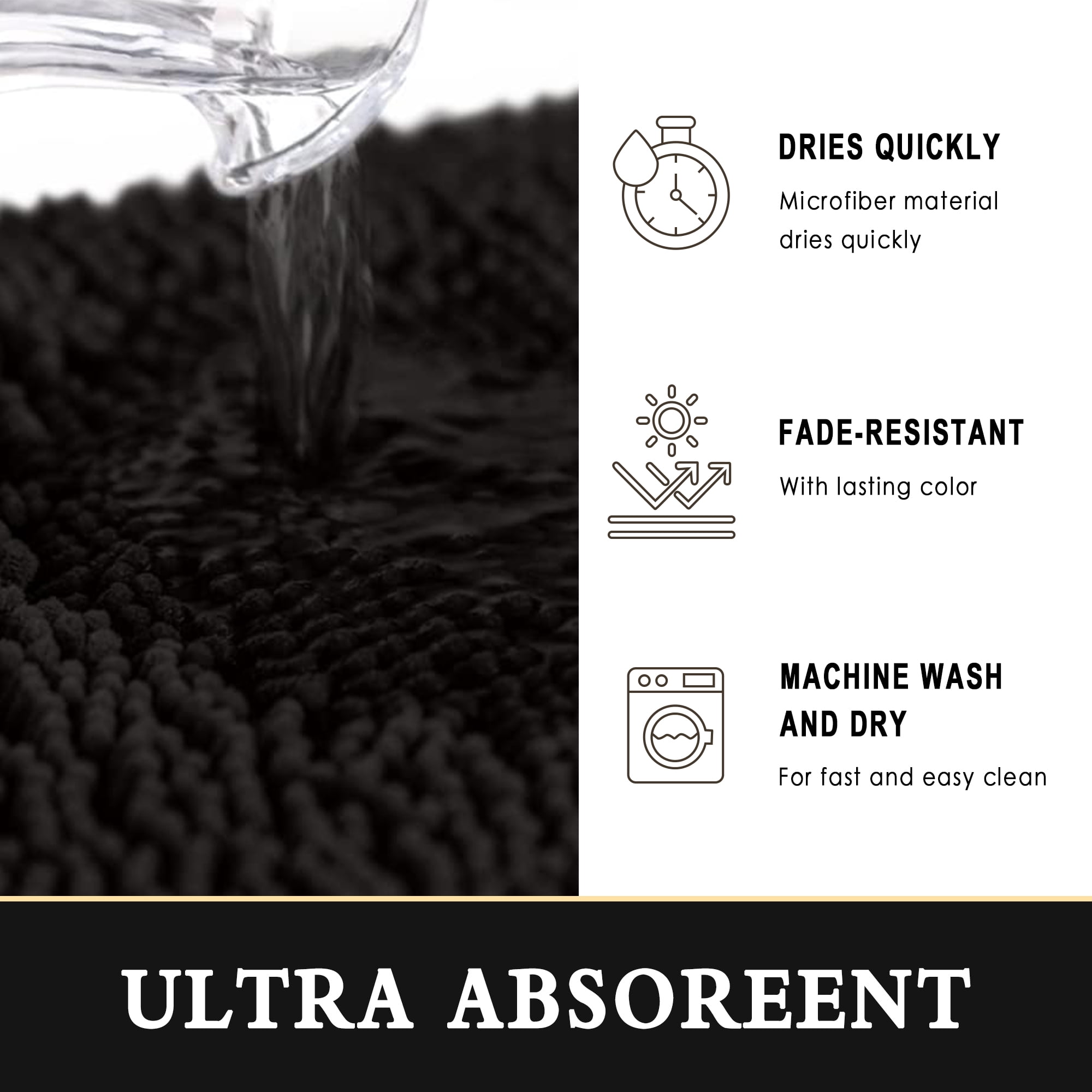 Furrygo Black Chenille Bathroom Rugs, Thick Soft Absorbent Bath Rugs, Machine Washable Bath Mats for Bathroom Floor, Tub and Shower