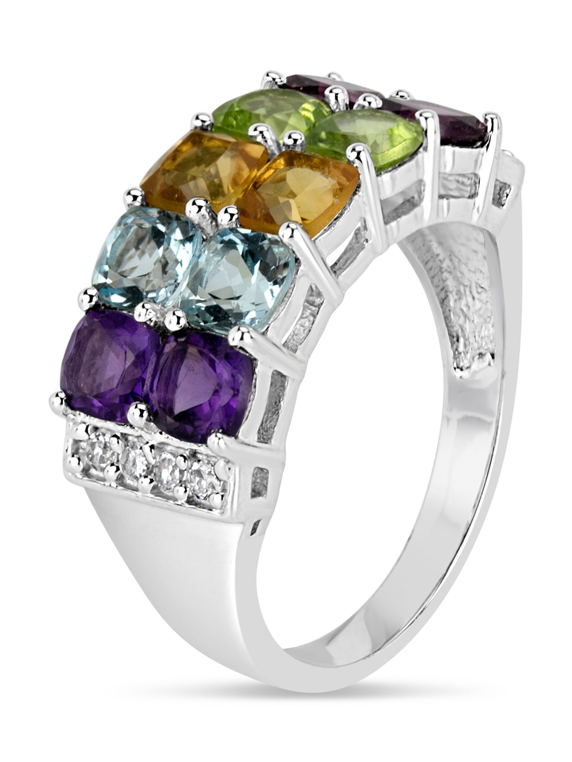 Sterling Silver Rhodium Plated Muti-Gemstone and White Topaz Double Row Ring