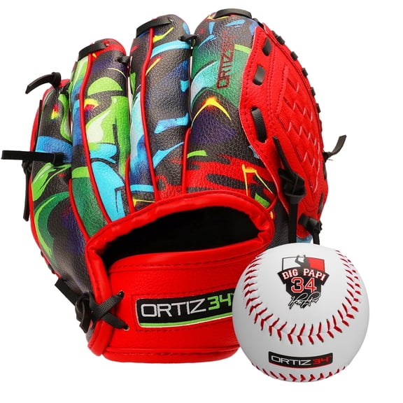 Ortiz34 9" Graffiti Youth T-Ball Baseball Glove, Right Hand Throw, Easy Close, No Break-In, Lightweight, Black/Red
