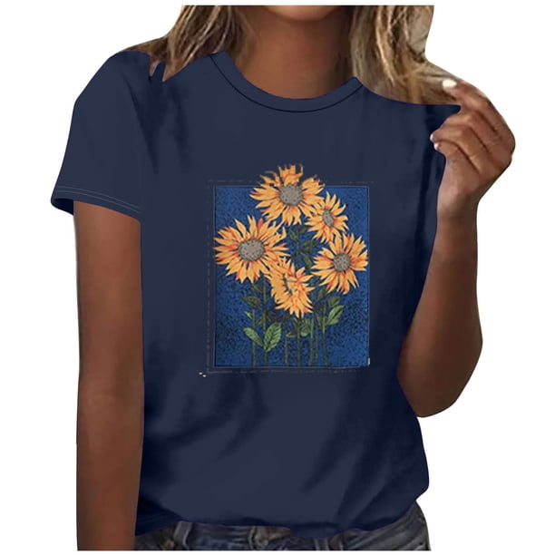 Tops Cortos para las Mujeres Blusas Impresas Manga Corta Cuello Redondo, Tops de Blusa para las Mujeres Primavera Verano Casual