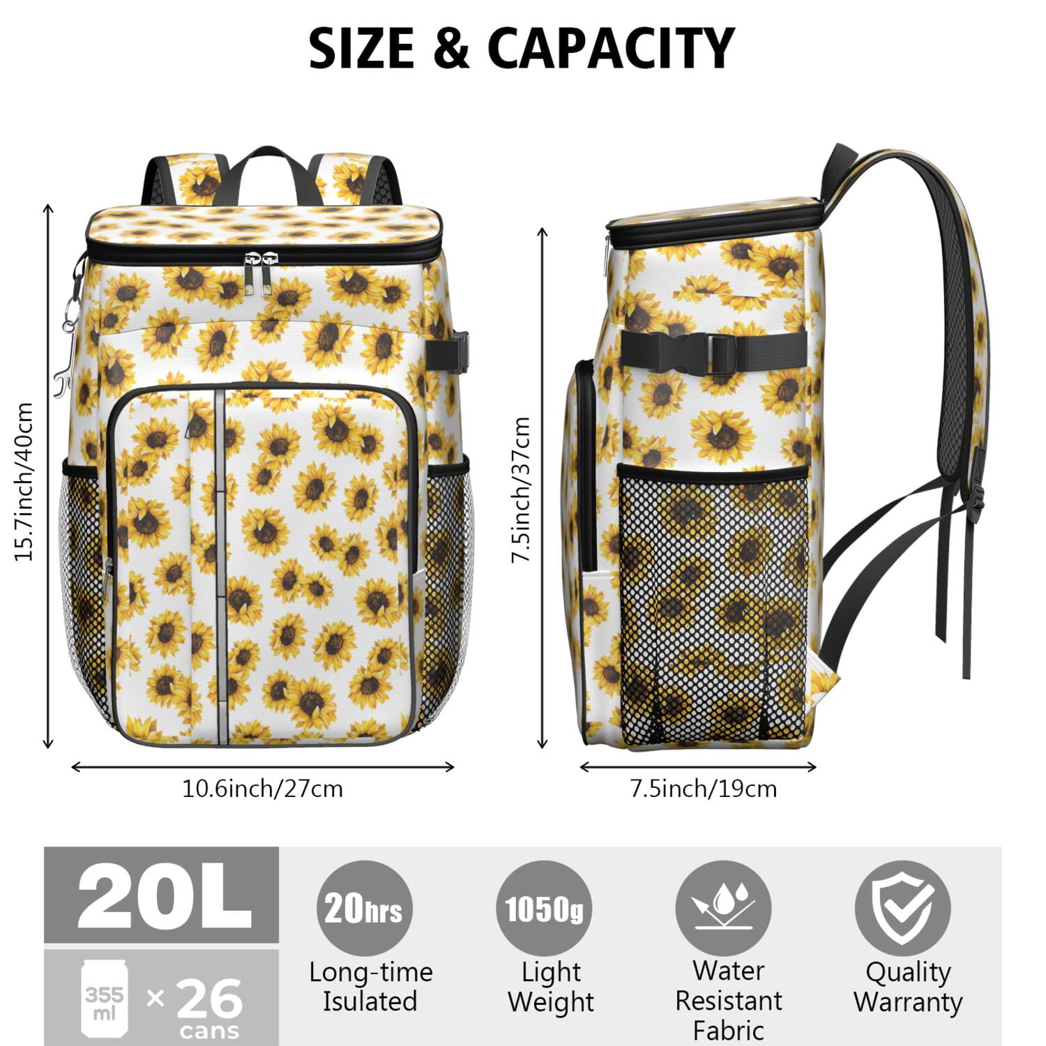 Travel Cooler Bag - White Sunflower Camping Beer Cooler Backpack with Bottle Opener- Waterproof Insulated Picnic Backpacks - Cooler Bag for Beach