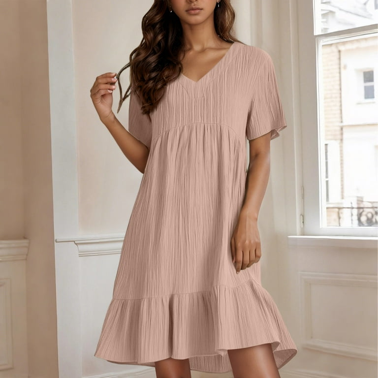 Tianiyouqing Cute Modest Dresses for Women V Neck Short Sleeve Knee Length Trendy Short Dresses Ruffle Tiered Layered Cotton Linen Evening Midi