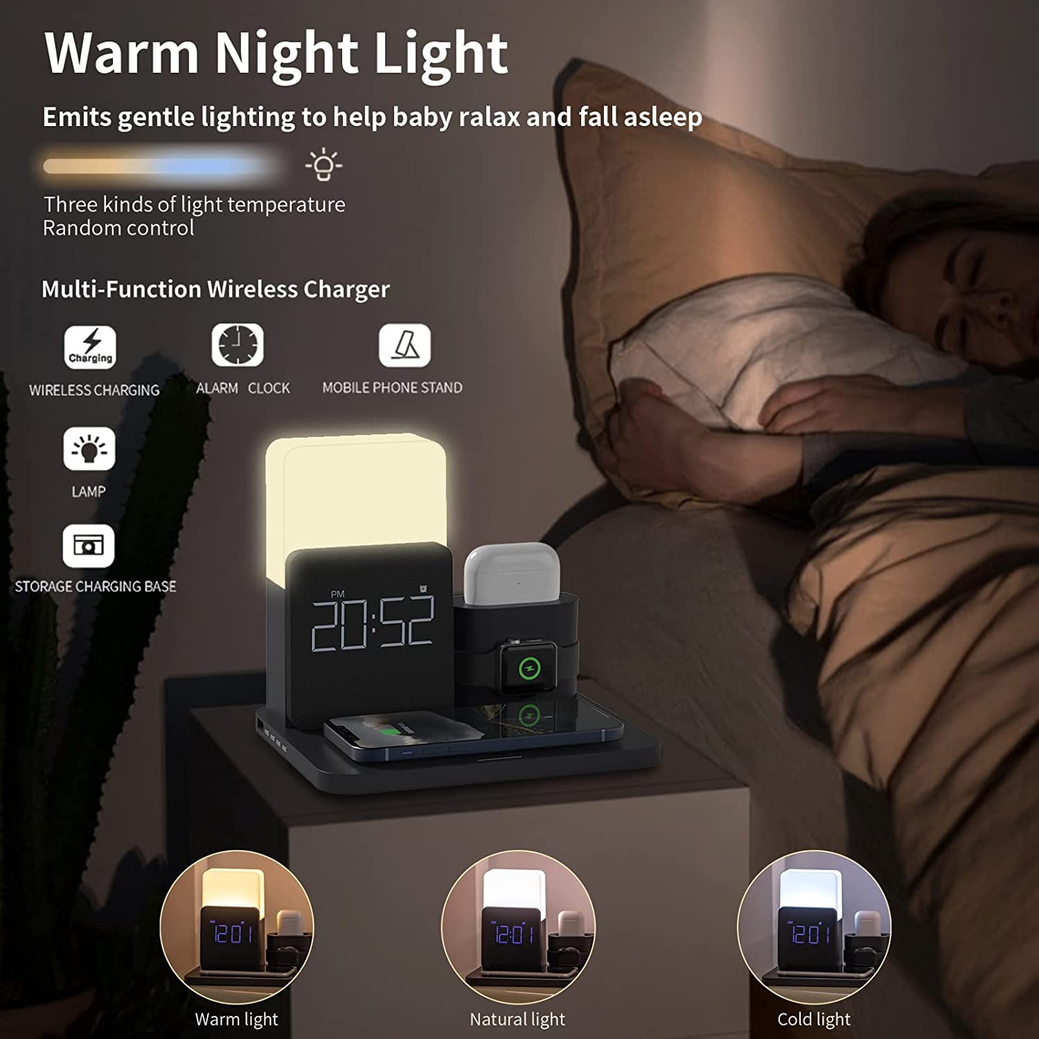 Alarm Clock with Wireless Charger, Night Light, Wireless Charging Station, 3 in 1 Charging Station, iPhone 12/13/14/15/16 Pro/13 Mini/13 Pro Max/12 pro, AirPods