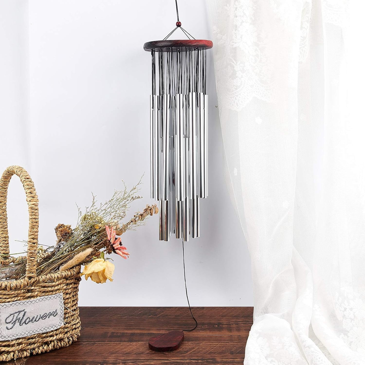 1 set Solid Wood Wind Chimes with Brass Tubes for Home Party Festival Decor Garden yard Decoration with Stainless Steel Swivel Hooks Clips Platinum 66x13.2cm
