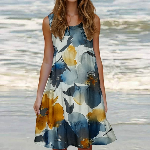 Ovzne Robes pour Femmes 2025 Robe d'Été Mode Vacances Été Couleur Unie Sans Manches Robe de Plage Fête Robe Imprimée Liquidation