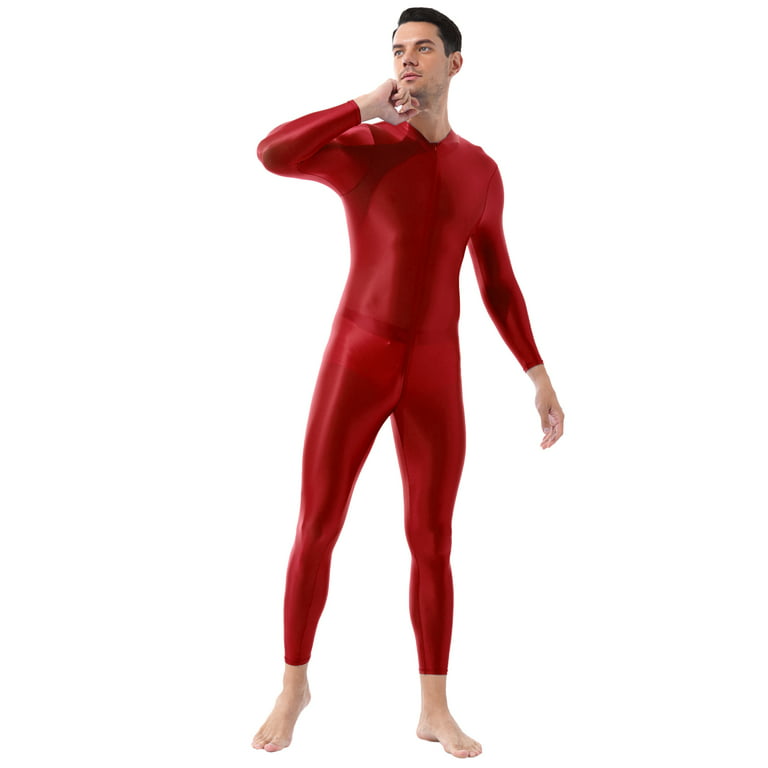 YEAHDOR Mens One-Piece Full Body Stocking Shimmery Skin-Tight Jumpsuit  Double-Ended Zipper Crotch Bodysuit Red One Size 