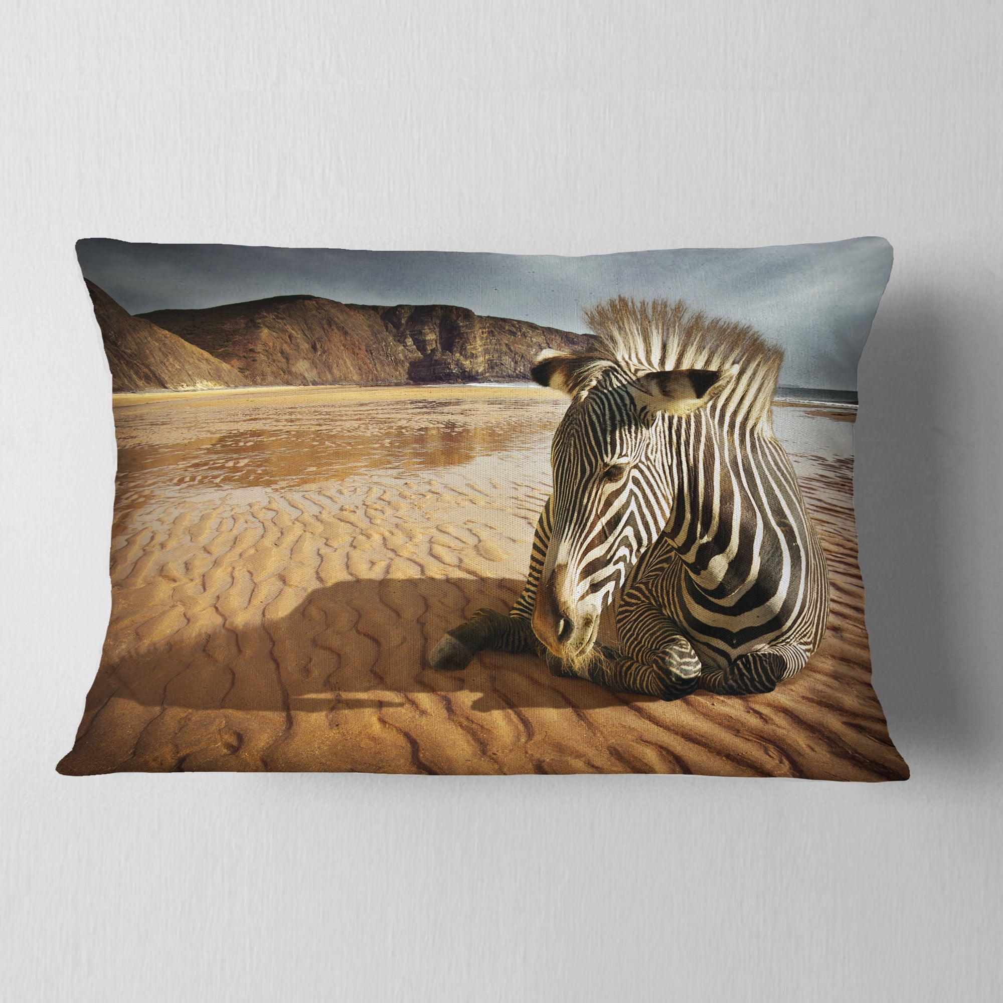 Designart Beach Zebra - Animal Throw Pillow - 12x20