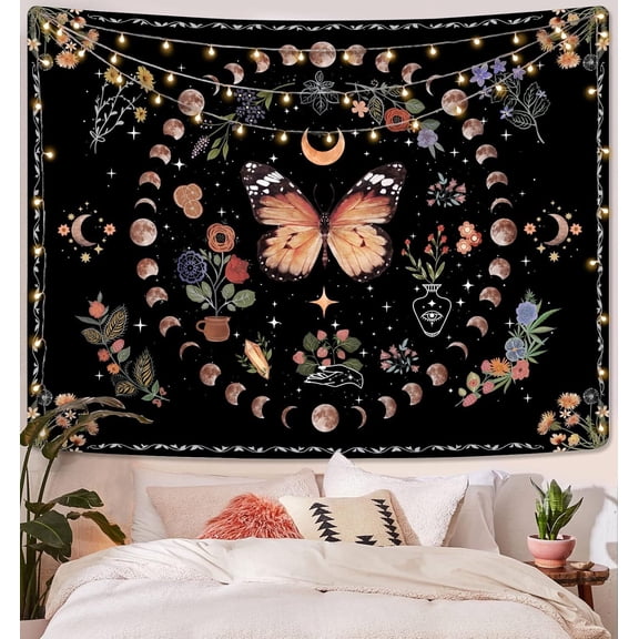 Orange Butterfly Moon Flower Tapestry Boho Floral Plant Tapestries for Bedroom Aesthetic Tapastry's Wall Hanging Mandala Botanical Wall Tapestry for Living Room Dorm (Yellow, 30'' × 40'')