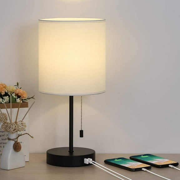 USB Table Lamp, Bedside Table Lamps with Dual USB Quick Charging Ports, Metal Nightstand Lamp with White Fabric Shade, Desk Lamp Perfect for Bedroom Living Room Study Room Office Dressing Room