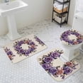 thumbnail image 3 of Purple Flower Bathroom Rugs Set Spring Wreath Non Slip Absorbent Soft Bath Mats 3 Piece Set with Bathroom Rug, U-Shaped Floor Mat, Toilet Seat Cover Large Size, 3 of 9