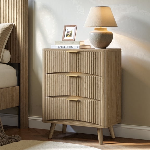 Evermagin Fluted Nightstand with 3 Drawers, 29" Farmhouse Bedside Table with Handles for Bedroom, Living Room, Small Space, Natural