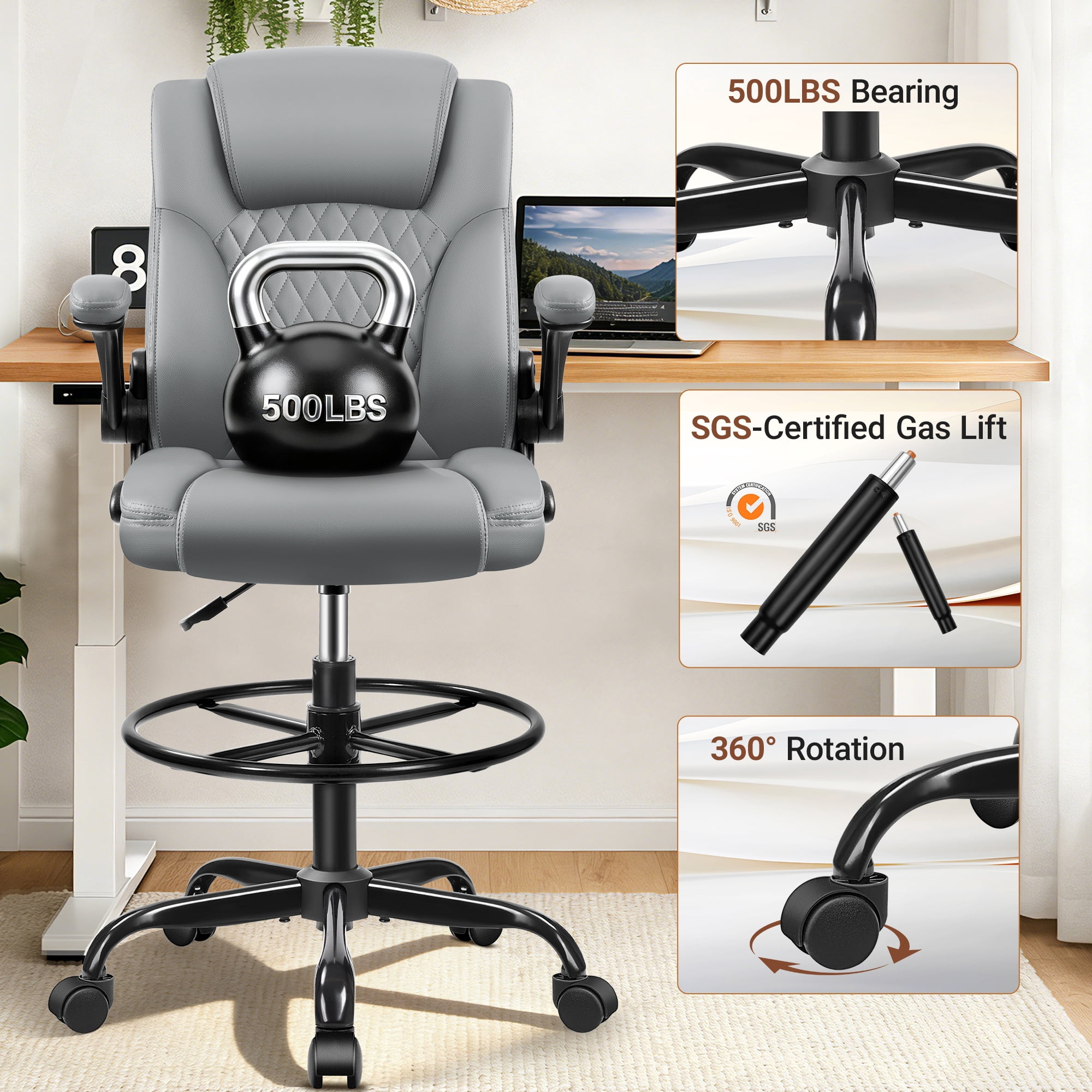 COOLHUT High Back Office Chair with Flip-Up Armrests, PU Leather Executive Ergonomic Computer Chair, Features Lumbar Support, Adjustable Foot Ring for Standing Desks, Home Offices, Gray