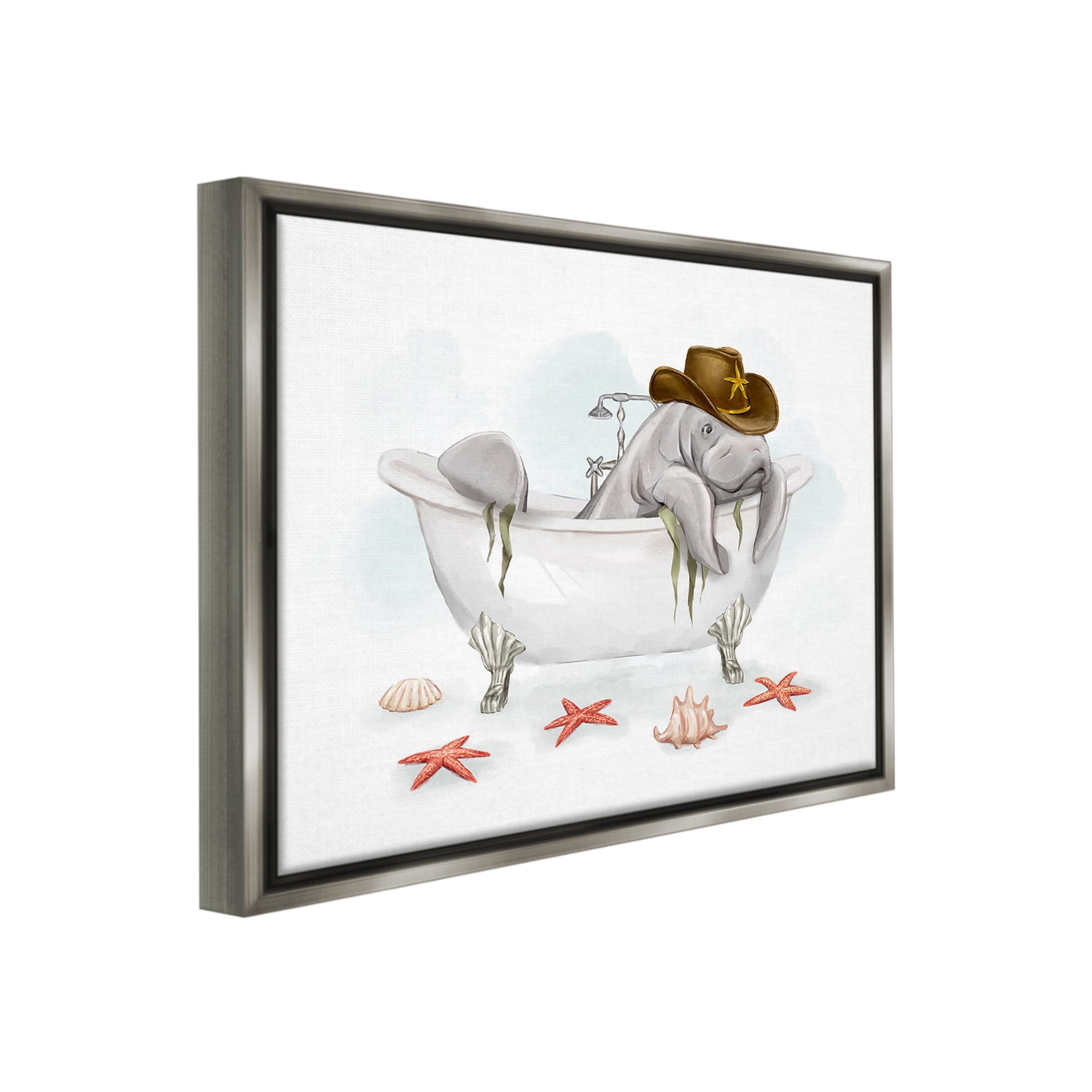 Stupell Industries Cowboy Manatee in Tub Animals & Insects Painting Gray Floater Framed Canvas Art Print Wall Art, 21 x 17