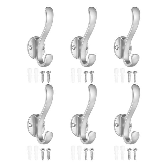 Uxcell 6 Pack Coat Rack Wall Mount, Heavy Duty Metal Hanger Hooks Wall Mount Towel Hooks for Hanging Coat Scarf Bags Hats Key Bathroom Mudroom Entryway, Silver