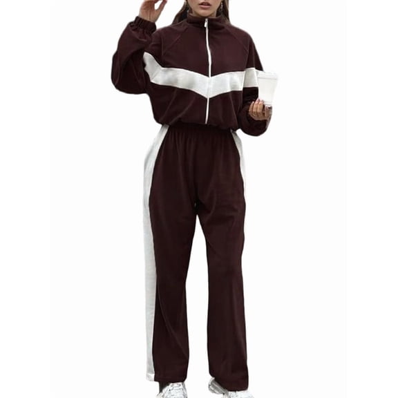 Women'S 2 Piece Lounge Outfits Zip Up Sweat Set Contrast Striped Wide Leg Jogging Pants Travel Track Suit Brown XL
