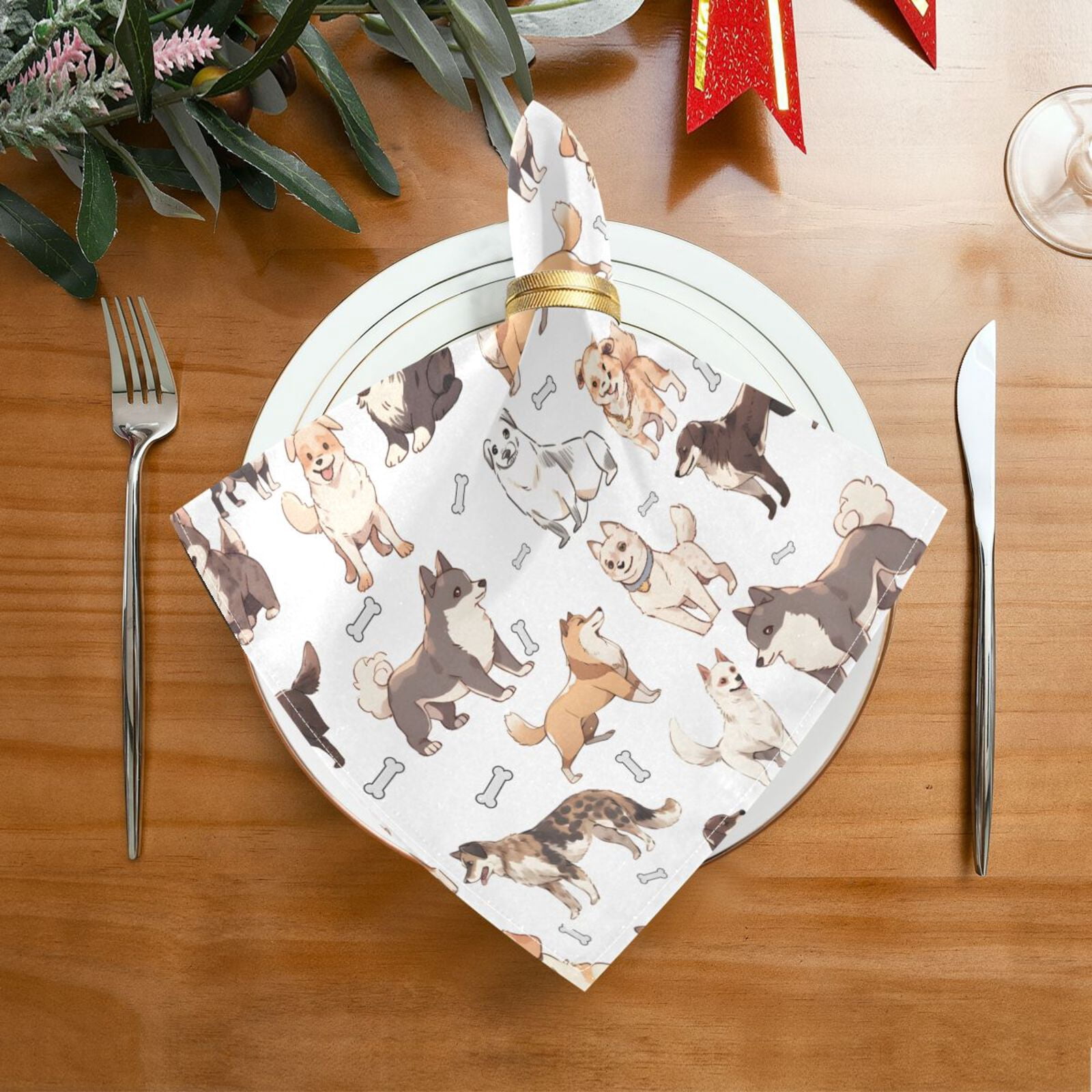 JSTEL Doodle Dog Print Cute Puppies Cloth Napkins Set of 6, 20x20 Inch Washable and Reusable Napkin for Decoupage Dinner Party Everyday Use
